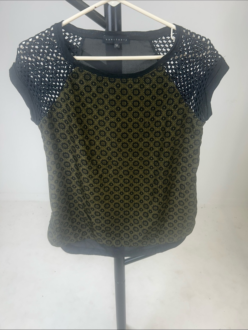 Sanctuary Olive Green Patterned Tee with Black Crochet Sleeves